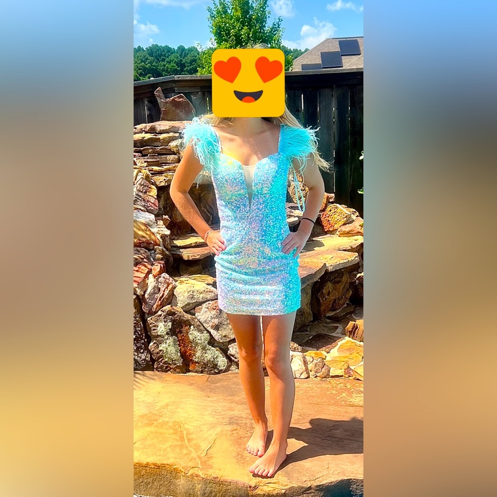 Windsor blue/ multi colored sequined dress with feathers size: XS.